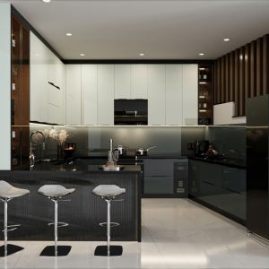 Tủ bếp Sắc be ánh kim