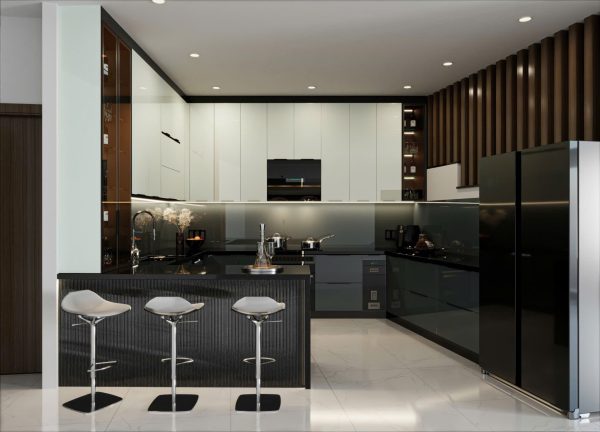 Tủ bếp Sắc be ánh kim